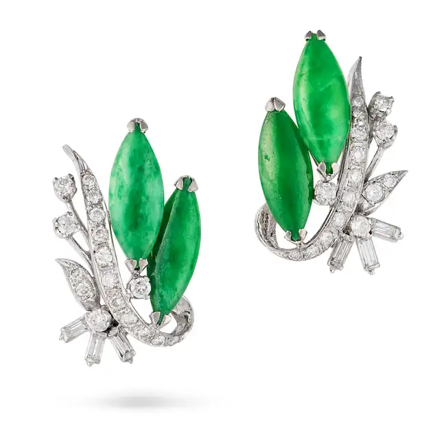 A PAIR OF VINTAGE JADEITE JADE AND DIAMOND EARRINGS in 18ct white gold, each designed as a
