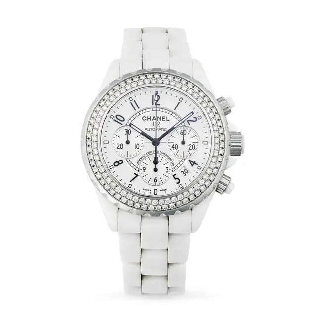 CHANEL, A J12 AUTOMATIC CHRONOGRAPH DIAMOND WRISTWATCH, ref. H1008, in white ceramic and stainless