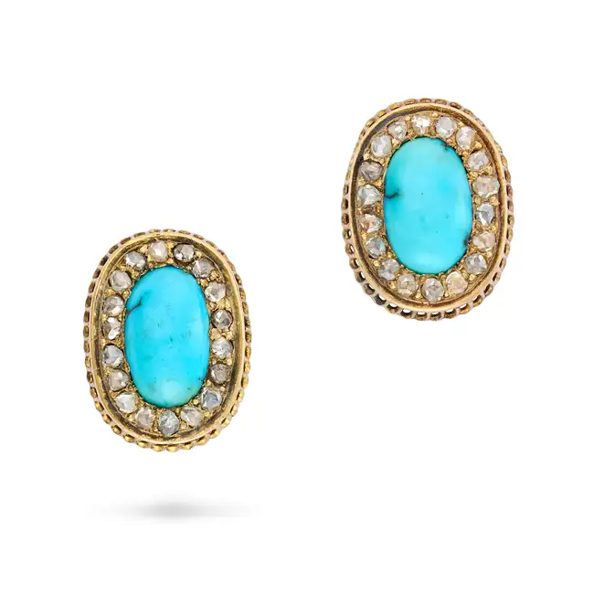 A PAIR OF ANTIQUE TURQUOISE AND DIAMOND EARRINGS in yellow gold, each set with a cabochon