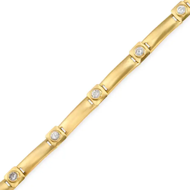 A GOLD BRACELET comprising a row of square and rectangular links, the square links set with round