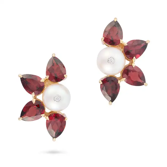 A PAIR OF GARNET, PEARL AND DIAMOND EARRINGS each comprising a pearl stud set with a round brilliant
