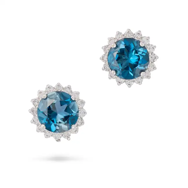 NO RESERVE - A PAIR OF TOPAZ AND DIAMOND STUD EARRINGS in 18ct white gold, each set with a round cut