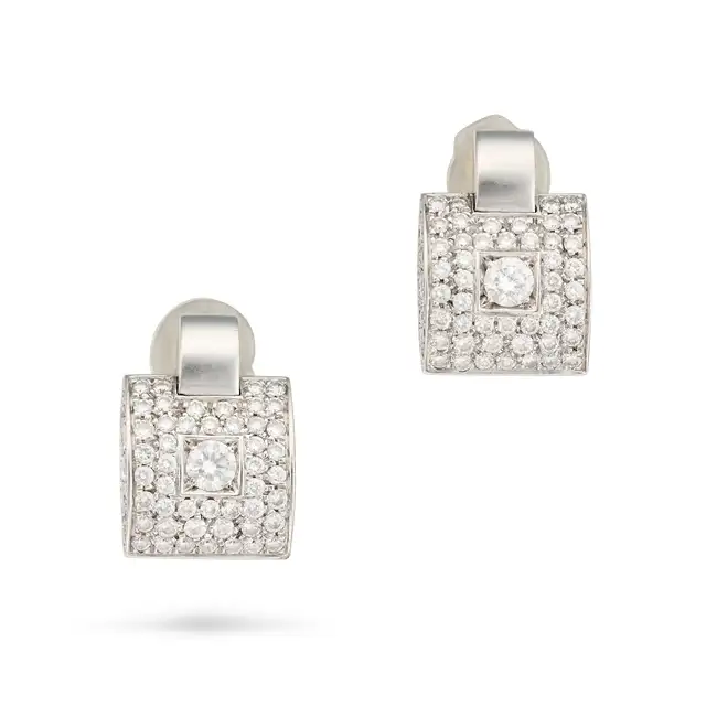 A PAIR OF DIAMOND EARRINGS each pave set with round brilliant cut diamonds, the diamonds all