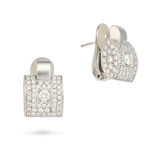 A PAIR OF DIAMOND EARRINGS each pave set with round brilliant cut diamonds, the diamonds all