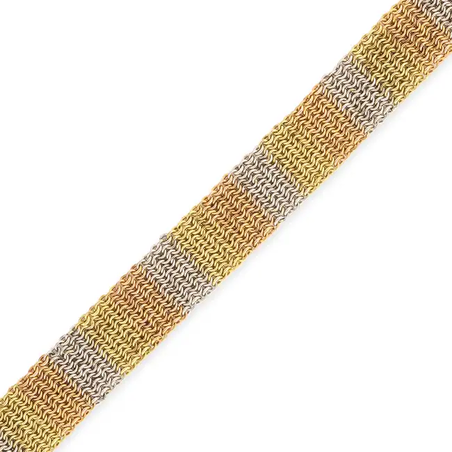 A TRICOLOUR GOLD BRACELET the mesh bracelet comprising alternating sections of yellow, white and