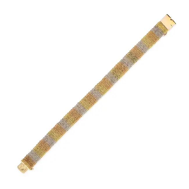 A TRICOLOUR GOLD BRACELET the mesh bracelet comprising alternating sections of yellow, white and