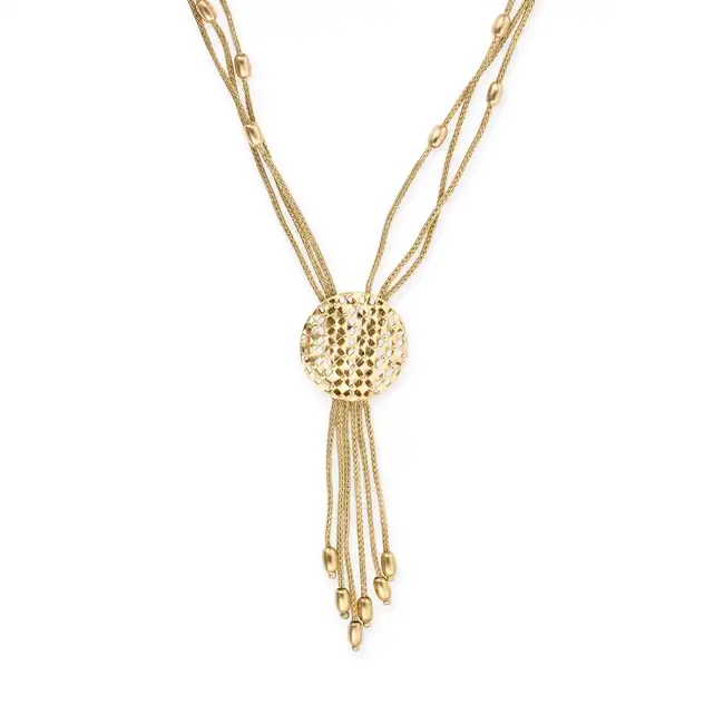 AN ITALIAN GOLD TASSEL NECKLACE comprising three rows of braided links, suspending six tassel