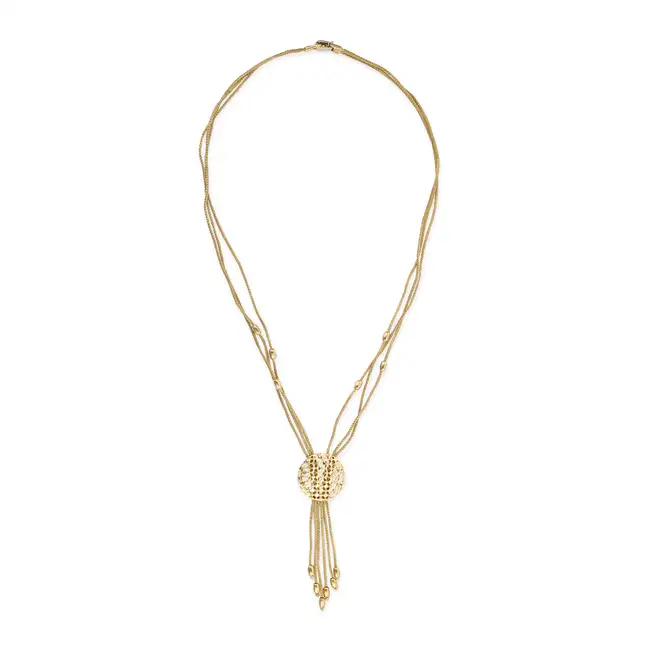 AN ITALIAN GOLD TASSEL NECKLACE comprising three rows of braided links, suspending six tassel