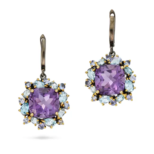 NO RESERVE - A PAIR OF AMETHYST, BLUE TOPAZ AND TANZANITE CLUSTER DROP EARRINGS each comprising a