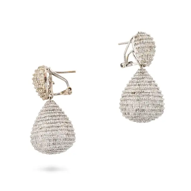 A PAIR OF DIAMOND DROP EARRINGS in 18ct white gold, comprising a domed pear shaped cluster of