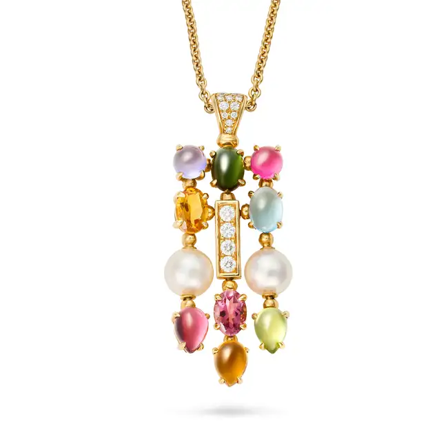BULGARI, A MULTI GEM AND DIAMOND ALLEGRA PENDANT NECKLACE in 18ct yellow gold, the pendant