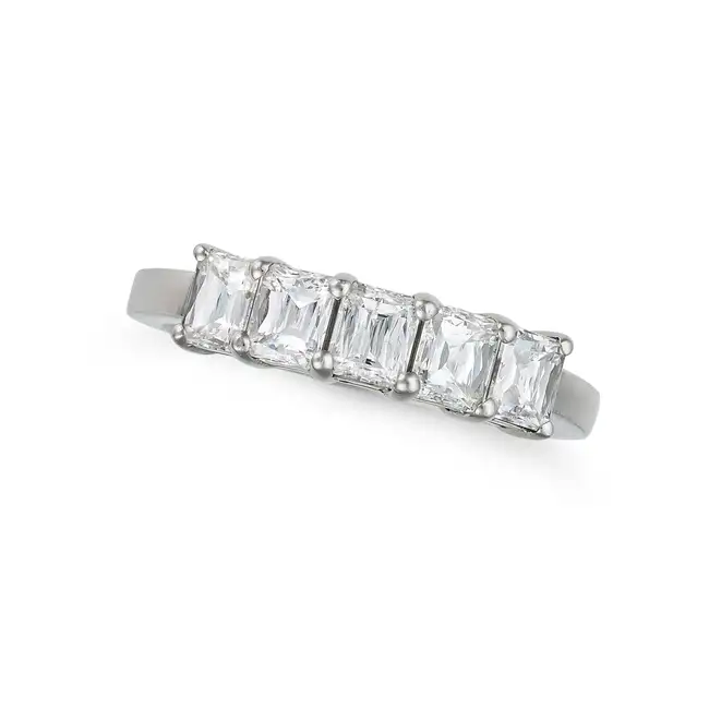 A DIAMOND FIVE STONE RING in platinum, set with five emerald cut diamonds all totalling 1.4-1.5
