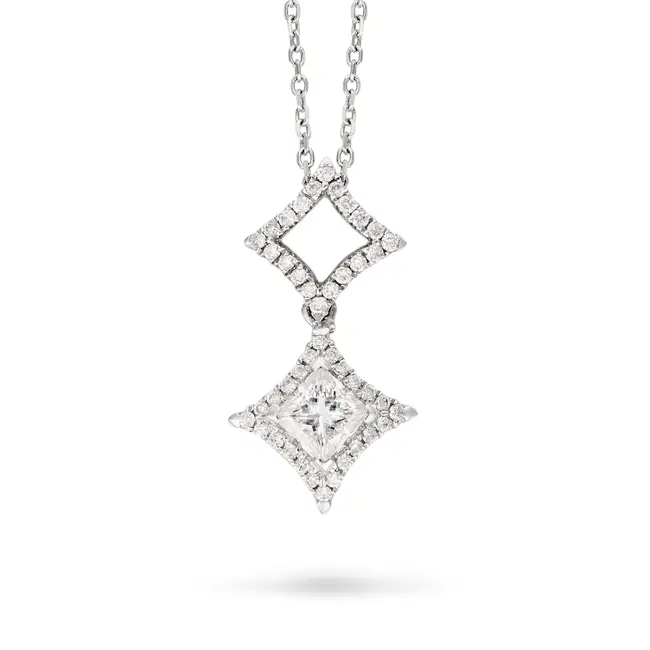 A DIAMOND PENDANT NECKLACE the stylised pendant set with a princess cut diamond of approximately 0.