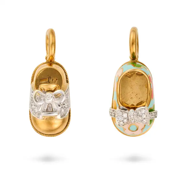 NO RESERVE - AARON BASHA, TWO DIAMOND AND ENAMEL SHOE CHARMS / PENDANTS in 18ct yellow gold, each