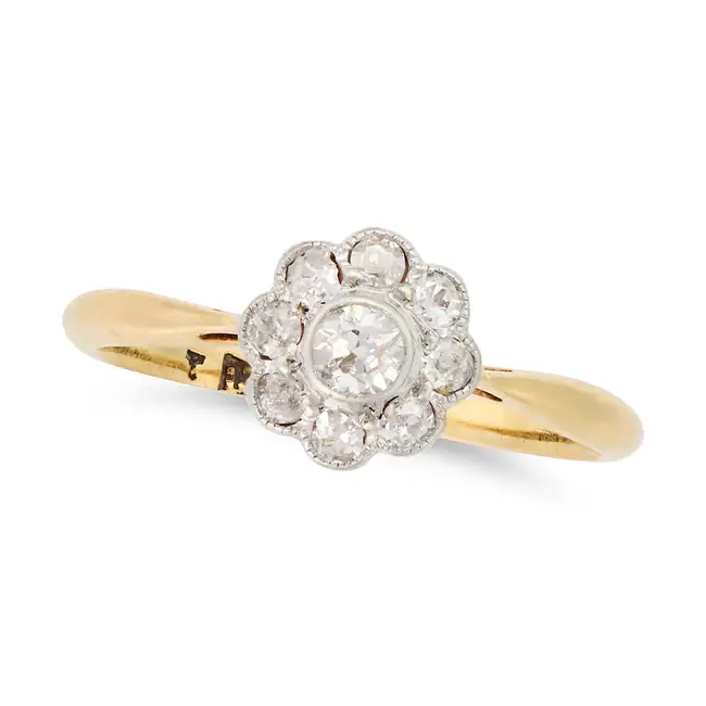 AN ANTIQUE DIAMOND CLUSTER RING in 18ct yellow gold, set with a cluster of old cut diamonds, AH