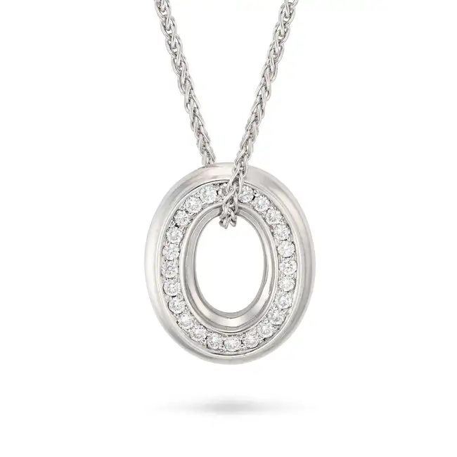A DIAMOND PENDANT NECKLACE in 18ct white gold, the oval pendant set on both sides with round