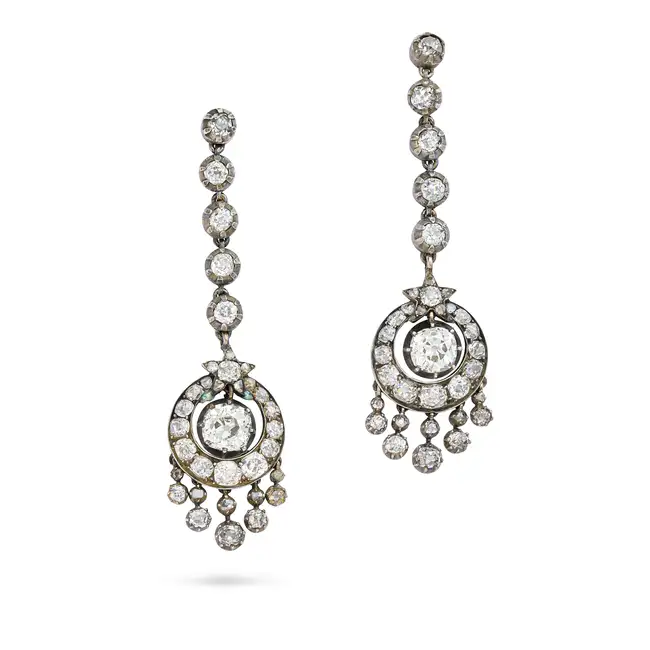 A PAIR OF FINE ANTIQUE DIAMOND DROP EARRINGS, 19TH CENTURY each comprising a hoop accented by a star