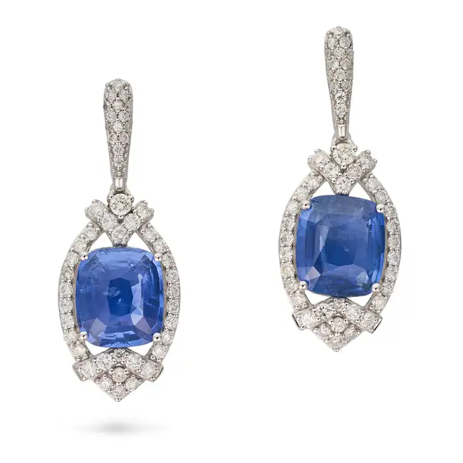 OSCAR FRIEDMAN, A PAIR OF SAPPHIRE AND DIAMOND DROP EARRINGS each suspending a drop set with a