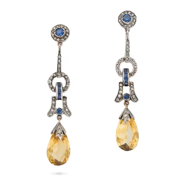 A PAIR OF VINTAGE CITRINE, SAPPHIRE AND DIAMOND DROP EARRINGS the articulated bodies set with
