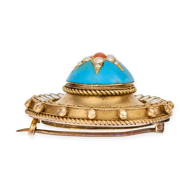 NO RESERVE - AN ANTIQUE VICTORIAN TURQUOISE, CORAL, PEARL AND ENAMEL BROOCH, CIRCA 1860 in yellow