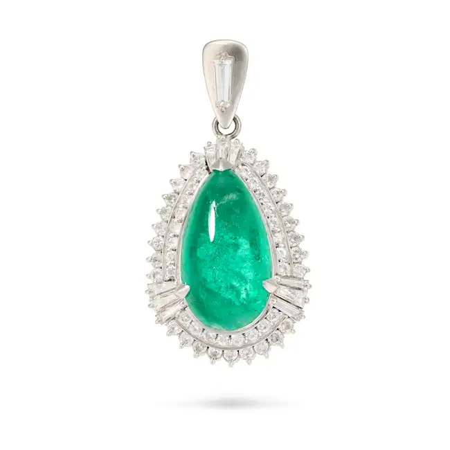 AN EMERALD AND DIAMOND PENDANT set with a pear shaped cabochon emerald of 9.37 carats, within a