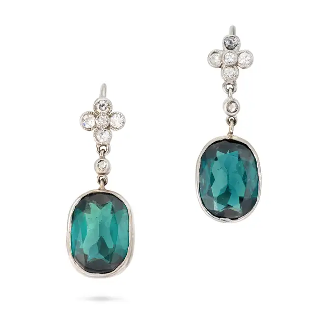 A PAIR OF LAGOON TOURMALINE AND DIAMOND DROP EARRINGS each designed as a flower set with round cut