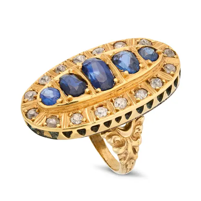 NO RESERVE - AN ANTIQUE SAPPHIRE AND DIAMOND RING, 19TH CENTURY AND LATER in high carat yellow gold,