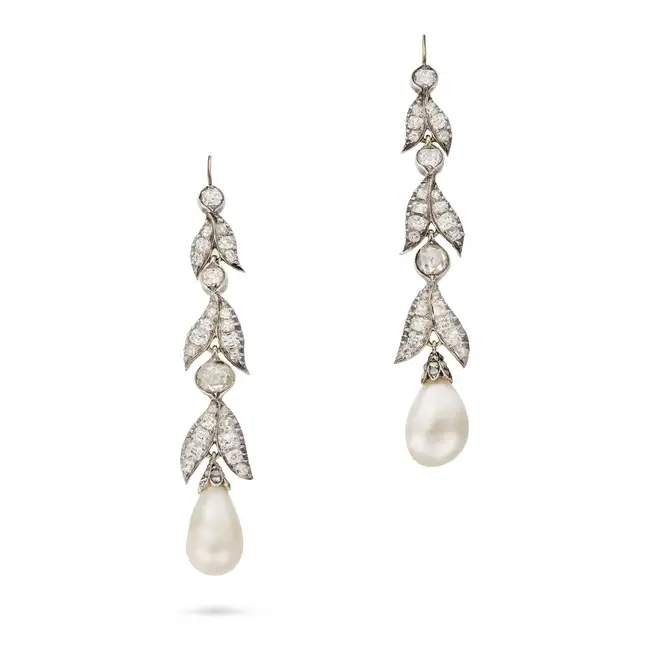 A PAIR OF EXQUISITE ANTIQUE NATURAL SALTWATER PEARL AND DIAMOND DROP EARRINGS, 19TH CENTURY each