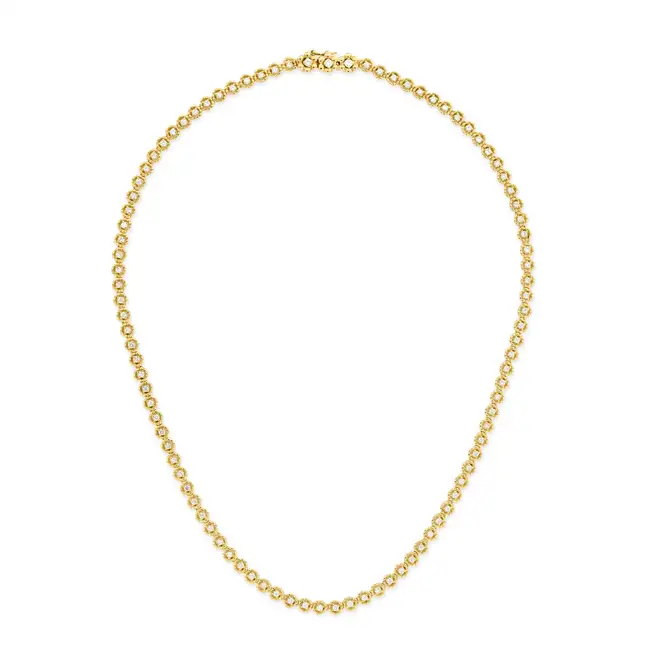 A DIAMOND NECKLACE comprising a row of round brilliant cut diamonds within circular beaded