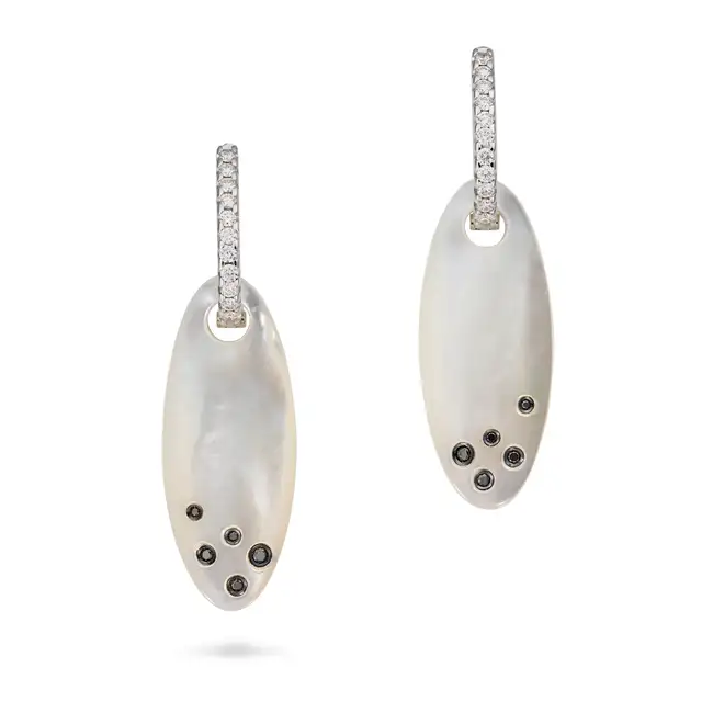 A PAIR OF ITALIAN MOTHER OF PEARL AND DIAMOND DROP EARRINGS each comprising a hoop set with a row of