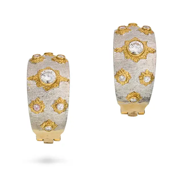 A PAIR OF FINE DIAMOND CLIP EARRINGS each designed as a half hoop with a brushed finish, set with