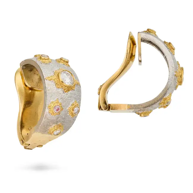 A PAIR OF FINE DIAMOND CLIP EARRINGS each designed as a half hoop with a brushed finish, set with