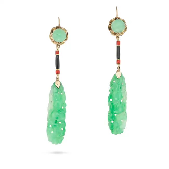 A PAIR OF JADEITE JADE AND ENAMEL DROP EARRINGS each comprising a jadeite jade drop carved to depict