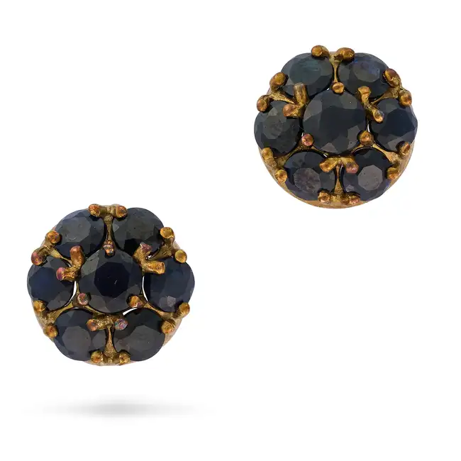 NO RESERVE - A PAIR OF VINTAGE SAPPHIRE CLUSTER STUD EARRINGS in 9ct yellow gold, each set with a
