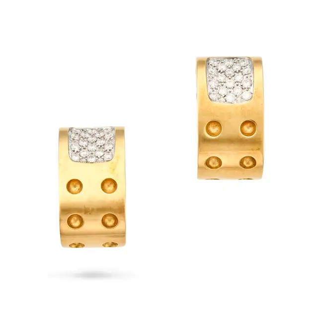 ROBERTO COIN, A PAIR OF DIAMOND POIS MOI HOOP EARRINGS each designed with circular indents, accented