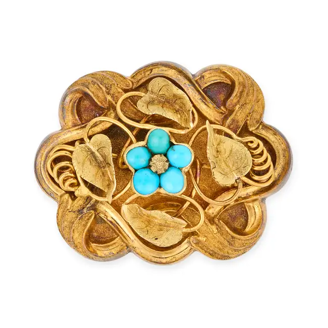 AN ANTIQUE VICTORIAN TURQUOISE FORGET ME NOT LOCKET BROOCH the scrolling brooch in foliate design,