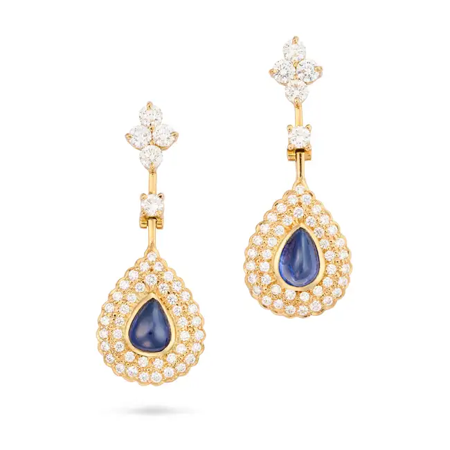 NO RESERVE - A PAIR OF SAPPHIRE AND DIAMOND DROP EARRINGS in yellow gold, each suspending a pear