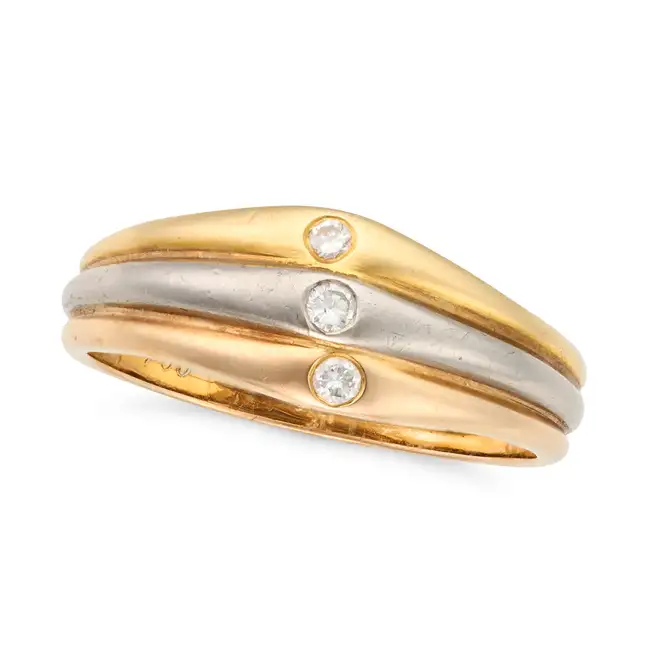 CARTIER, A DIAMOND TRINITY RING in 18ct yellow, white and rose gold, comprising three tricolour