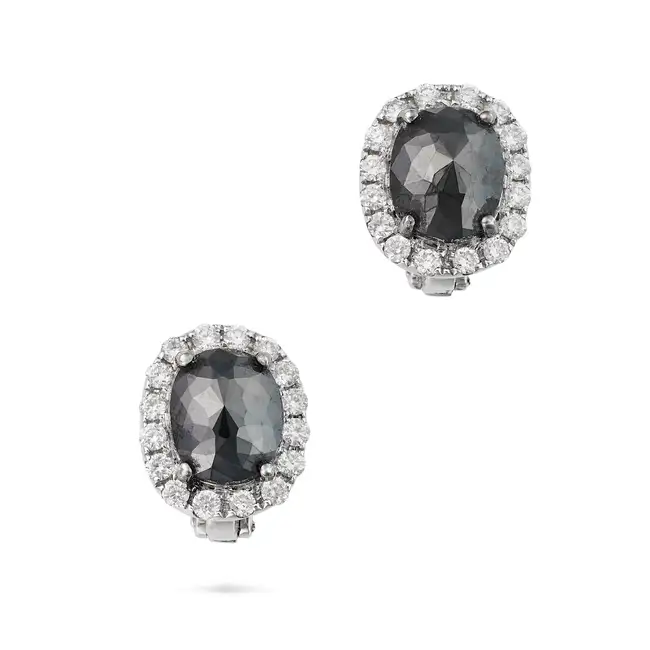 A PAIR OF BLACK DIAMOND EARRINGS in 18ct white gold, each set with a facetted black diamond in a