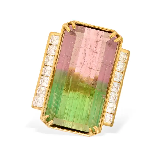 A VINTAGE WATERMELON TOURMALINE AND DIAMOND DRESS RING in 18ct yellow gold, set with an octagonal