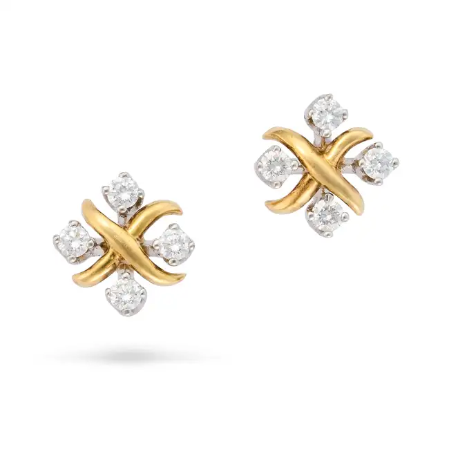 TIFFANY & CO., A PAIR OF DIAMOND LYNN EARRINGS each designed as an X motif accented by round