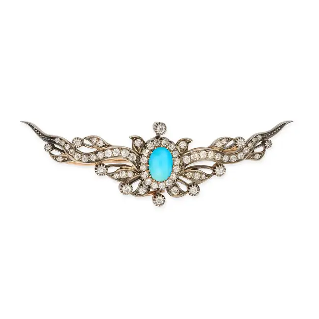 AN ANTIQUE TURQUOISE AND DIAMOND BROOCH / PENDANT, CIRCA 1900 in yellow gold and silver, set with an