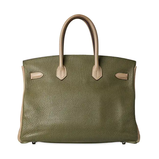 HERMÈS HSS VERT CANOPEE AND GRIS TOURTERELLE CLEMENCE BIRKIN 35 BAG Condition grade C+. A
