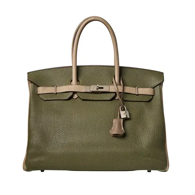 HERMÈS HSS VERT CANOPEE AND GRIS TOURTERELLE CLEMENCE BIRKIN 35 BAG Condition grade C+. A