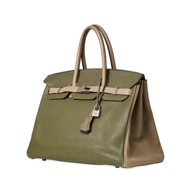 HERMÈS HSS VERT CANOPEE AND GRIS TOURTERELLE CLEMENCE BIRKIN 35 BAG Condition grade C+. A