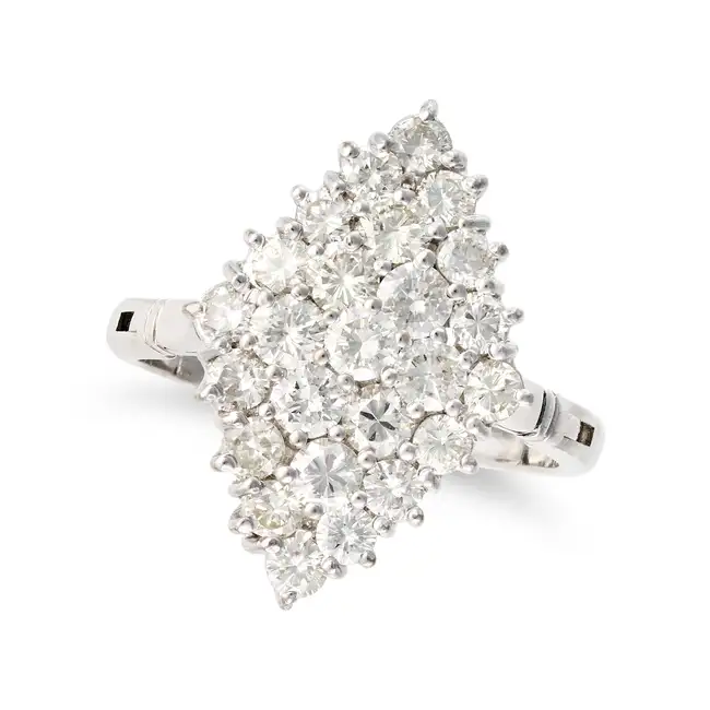 A DIAMOND DRESS RING the diamond shaped face set throughout with round brilliant cut diamonds, the