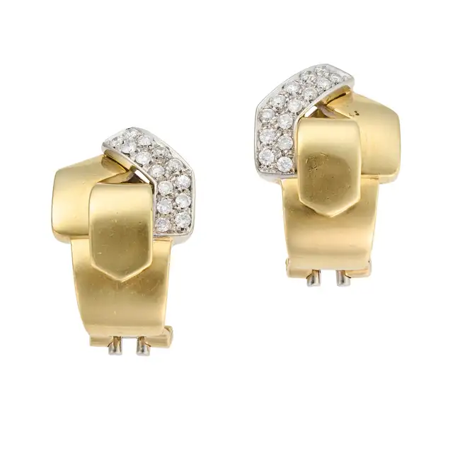 A PAIR OF DIAMOND BUCKLE EARRINGS each designed as a buckle set with round brilliant cut diamonds,