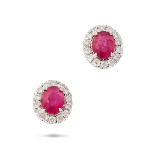 HARLE PARIS, A PAIR OF RUBY AND DIAMOND CLUSTER EARRINGS in 18ct white gold, each set with an oval