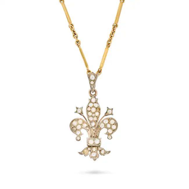 AN ANTIQUE PEARL FLEUR DE LYS PENDANT NECKLACE the pendant designed as a fleur dy lys set with