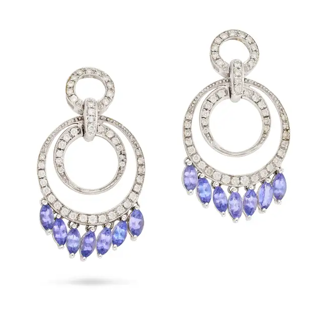 NO RESERVE - A PAIR OF TANZANITE AND DIAMOND DROP EARRINGS in 14ct white gold, each comprising a